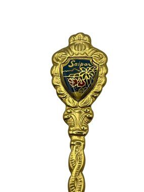 Vintage Saipan Souvenir Collectible Gold-Tone Ornate Teaspoon Enamel Floral B7